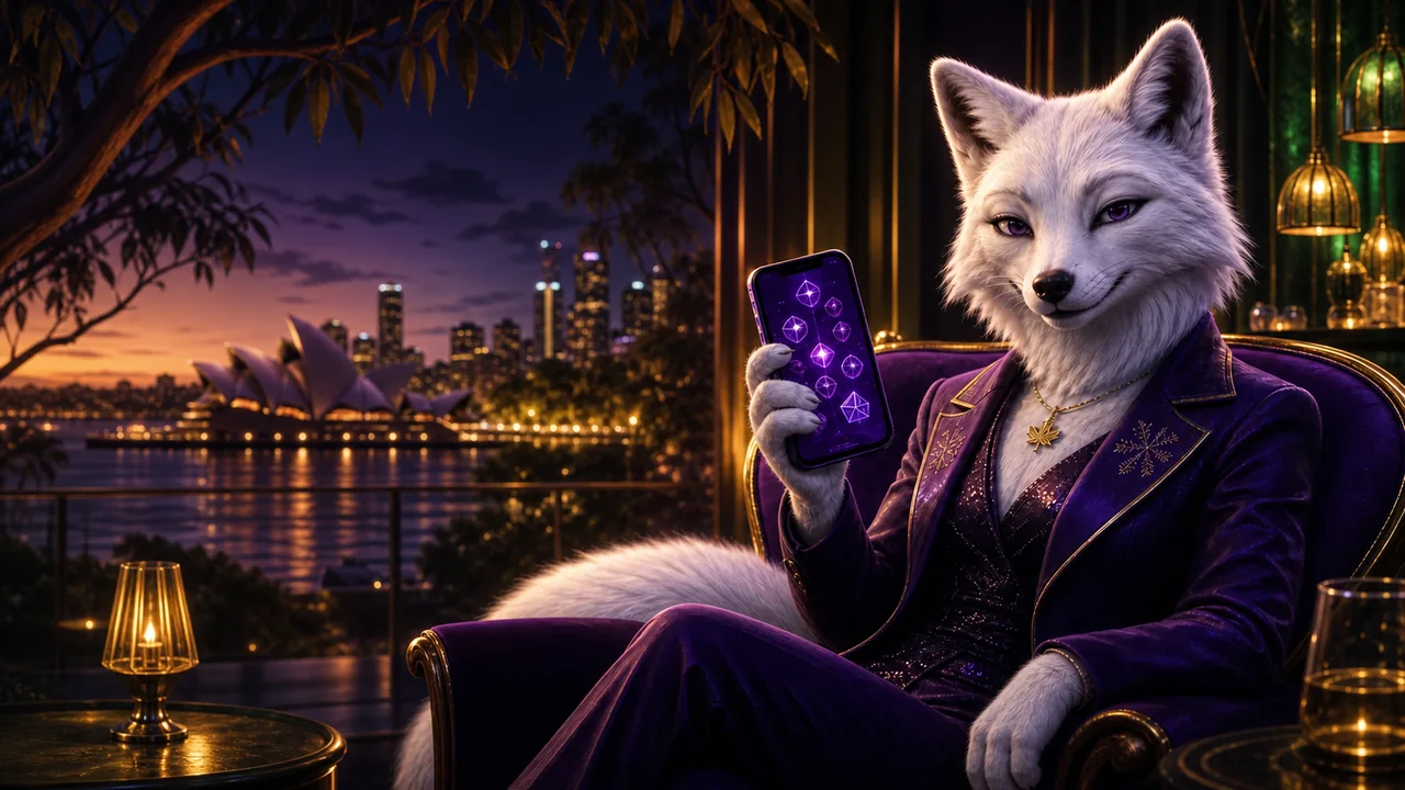 White fox using the SafeCasino app beside Sydney Harbour