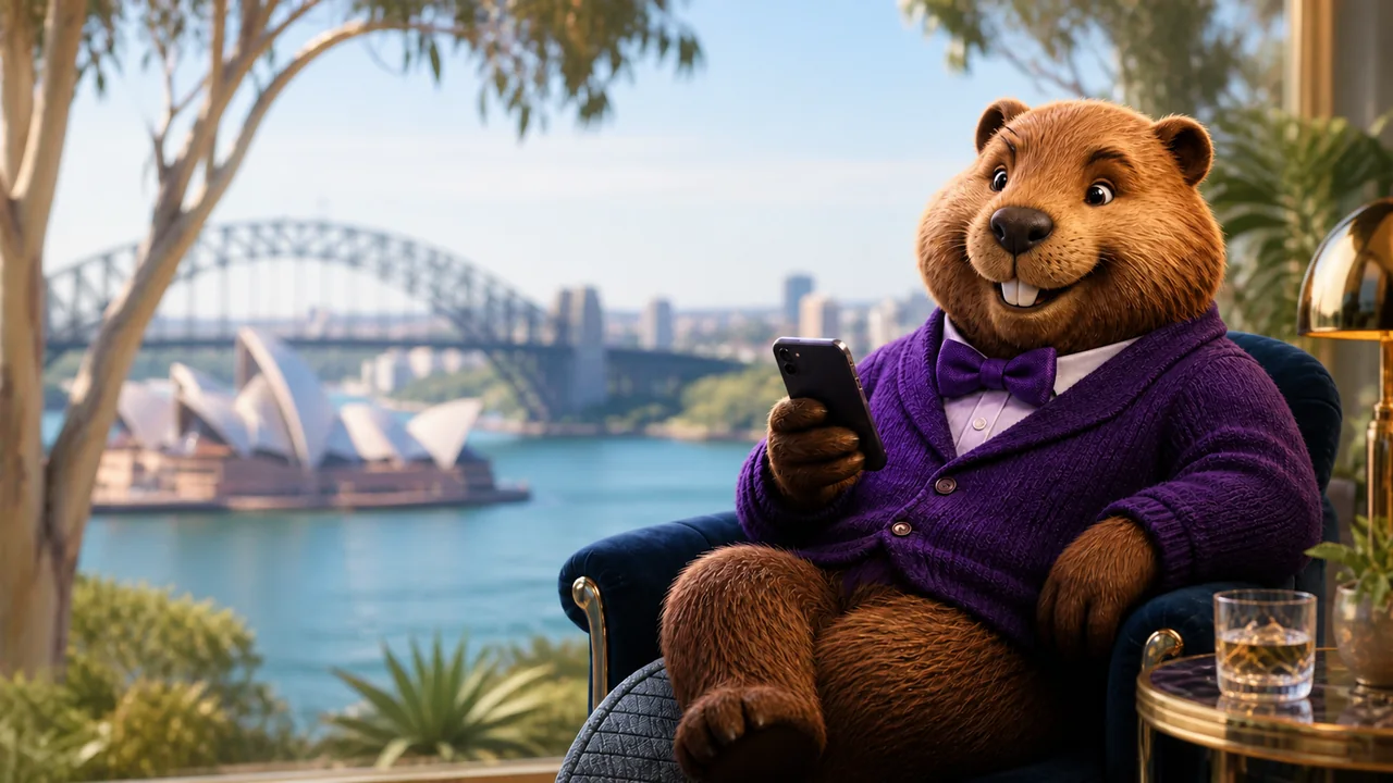 Wombat using the SafeCasino app with Sydney Harbour behind him